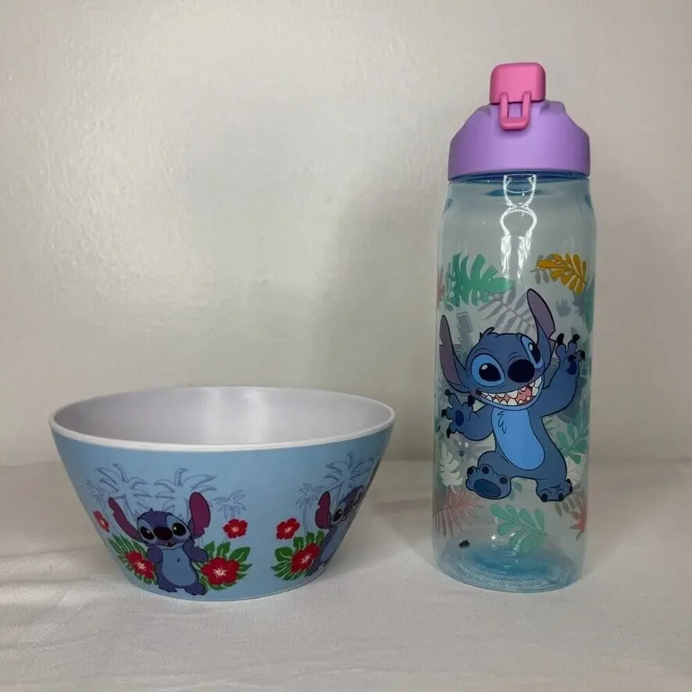 Disney Lilo & Stitch Kids Bowl & Water Bottle Set Tropical Design NEW